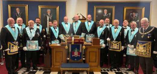 From left to right, W.Bro Michael FitzGerald , W.Bro David Weaver, W.Bro Mick Culis, W.Bro Dean O'Connell (IG) , W.Bro Scott Ramsar (ADC) Bro Jonathan Brown (SD), W.Bro Tilly Perrone (JW), Worshipful Master W.Bro Peter Bloodworth, Bro David Weaver (Secretary), Bro David Lloyd-Jones (SW), Bro James Wootton (JD), W.Bro Stuart Potts (IPM), W.Bro Simon Whitbread (DC), W.Bro Paul Barker (Chaplin), Bro Peter Sweets (Charity Steward) and Finally Russell's very own homebrewed Provincial Grand Master , The Very Worshipful PGM Tony Henderson.