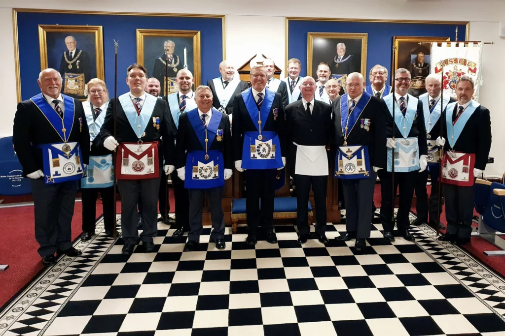 Officers of the lodge, Back row Worshipfull Master David Lloyd-Jones (Centre) , W.Bro Mick Cullis (JW, Left), Jonothan Brown (SW, Right) with front, V W Bro Nicholas Edwards PDPGM, Bro Alan Cambers and W Bro David Weaver.