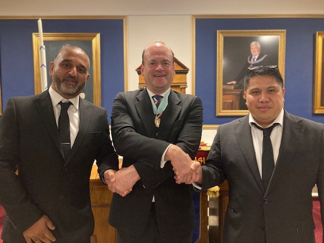 From Left to Right Bro Sandeep Sira , Worshipful Master David Lloyd-Jones , Bro Ralp Reyes